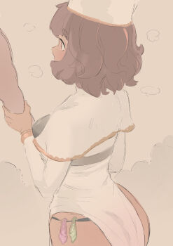 1girl absurdres alternate_costume black_panties breasts brown_hair cafin commentary condom cum dark-skinned_female dark_skin english_commentary highres holding holding_staff large_breasts league_of_legends panties priestess short_hair solo staff taliyah underwear used_condom