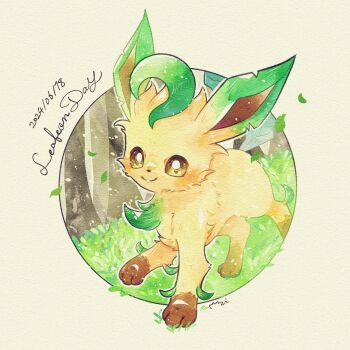 animal_focus bright_pupils brown_eyes brown_fur commentary dated full_body gen_4_pokemon green_fur highres leaf leafeon looking_at_viewer miketoevecan nintendo no_humans on_grass outdoors pokemon pokemon_(creature) pokemon_focus simple_background smile solo standing symbol-only_commentary white_pupils yellow_background yellow_fur