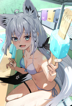 1girl ahoge animal_ears aqua_eyes armpit_crease bikini braid breasts collarbone commentary_request day food fox_ears fox_girl fox_tail hair_between_eyes hair_ribbon highres holding holding_food holding_popsicle hololive legs_together looking_at_viewer medium_breasts navel on_bench open_mouth outstretched_hand ponytail pool poolside popsicle popsicle_stick reaching reaching_towards_viewer ribbon shade shirakami_fubuki side-tie_bikini_bottom sidelocks signature sitting solo sunlight sweat swimsuit tail teeth thigh_strap thighs tokumaro towel tree virtual_youtuber wet white_hair
