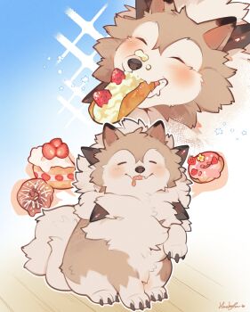 absurdres animal_ears artist_name blush claws closed_eyes commentary cream cream_on_face drooling eating fangs food food_on_face fruit gen_7_pokemon highres huckypaw lycanroc mouth_drool multiple_views nintendo open_mouth pastry pokemon sitting strawberry tail wolf wolf_ears wolf_tail