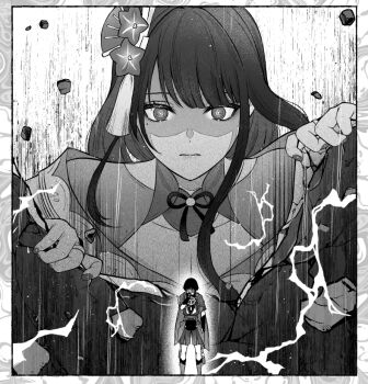 Rule 34 | 1boy, 1girl, @ @, armor, blunt bangs, blunt ends, bodysuit, choppy bangs, closed mouth, collarbone, curled fingers, electricity, eyelashes, facing down, fan hair ornament, fingernails, flower, furisode, genshin impact, giant, giantess, greyscale, hair flower, hair ornament, hand on own face, japanese armor, japanese clothes, kimono, kote, layered sleeves, long hair, long sidelocks, looking at another, mitsudomoe (shape), mole, mole under eye, monochrome, mother and son, o-ring, raiden shogun, roge gnsn, rope, rubble, sash, scaramouche (genshin impact), shaded face, shimenawa, short sleeves, shorts, shrug (clothing), sidelocks, single sode, standing, swept bangs, tassel, tassel hair ornament, tomoe (symbol), tsurime