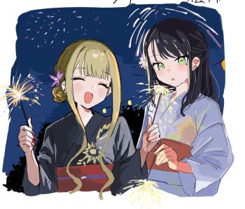Rule 34 | 2girls, :d, ^ ^, artist collaboration, black hair, black kimono, blonde hair, blue kimono, blunt bangs, cho kaguya-hime!, closed eyes, commentary request, fireworks, green eyes, hair down, haruharu sensei, holding, holding fireworks, japanese clothes, kaguya (cho kaguya-hime!), kimono, long hair, long sleeves, mole, mole under eye, multiple girls, night, nisumo, obi, open mouth, outdoors, print kimono, sakayori iroha, sash, sidelocks, sky, smile, upper body, yukata