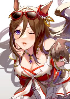 1girl akatsuki_(kuon) animal_ears bare_shoulders blush bracelet breasts brown_hair cleavage commentary_request ear_ornament ear_scrunchie eyewear_on_head gloves hair_between_eyes horse_ears horse_girl jewelry large_breasts long_hair long_sleeves looking_at_viewer necklace off-shoulder_shirt off_shoulder one_eye_closed parted_lips pleated_skirt purple_eyes red-framed_eyewear red_shirt seeking_the_pearl_(rocket_star)_(umamusume) seeking_the_pearl_(umamusume) shirt simple_background skirt smile solo star_(symbol) sunglasses umamusume white_skirt