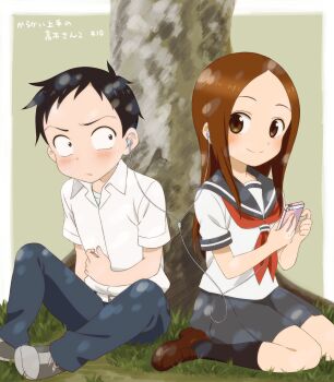 Rule 34 | 1boy, 1girl, belt, black eyes, black footwear, black hair, black socks, blue pants, blush, border, brown eyes, brown hair, cellphone, closed mouth, collared shirt, copyright name, decocharaseal, earphones, episode number, forehead, grass, grey footwear, grey sailor collar, grey skirt, highres, holding, holding phone, karakai jouzu no takagi-san, kneehighs, long hair, looking at another, looking at viewer, looking to the side, neckerchief, nishikata, pants, parted bangs, phone, pleated skirt, red neckerchief, sailor collar, school uniform, serafuku, shared earphones, shirt, shoes, short hair, short sleeves, sideways glance, sitting, skirt, smile, socks, sweatdrop, takagi-san, tree, undershirt, white border, white shirt