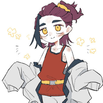 Rule 34 | 1boy, age toufu, bare shoulders, black hair, blush, closed mouth, commentary request, hairband, highres, jacket, kieran (pokemon), loose hair strand, multicolored hair, nintendo, pokemon, pokemon sv, ponytail, purple hair, red tank top, sleeves past fingers, sleeves past wrists, smile, solo, tank top, two-tone hair, white background, white jacket, yellow eyes, yellow hairband