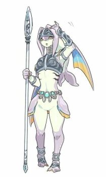 1girl anklet armor artist_request belt bracelet breastplate fins fish_girl gills hand_on_own_head head_tail helmet holding holding_polearm holding_weapon jewelry looking_at_viewer midriff nintendo polearm shoulder_armor simple_background solo source_request spear the_legend_of_zelda weapon webbed_feet webbed_hands white_background zora