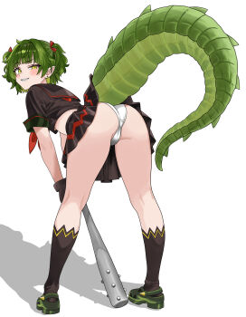 1girl absurdres ass baseball_bat bent_over black_gloves black_shirt black_skirt blunt_bangs breasts crocodile_girl crocodilian_tail crocs crop_top delinquent from_behind full_body gloves green_eyes green_hair green_shoes green_tail grin highres holding holding_baseball_bat ivan_ramirez kneehighs kneepits looking_at_viewer looking_back medium_hair midriff miniskirt neckerchief nitya_nil panties phase_connect pleated_skirt pointy_ears sailor_collar sharp_teeth shirt shoes short_sleeves simple_background skirt smile socks solo spiked_bat tail teeth thick_tail two_side_up underboob underwear virtual_youtuber white_background white_panties