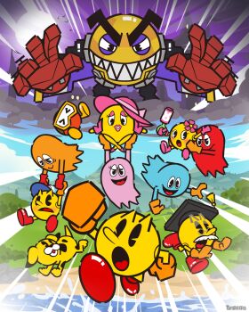 Rule 34 | 3girls, 6+boys, absurdres, baby, baby pac-man, blinky (pac-man), boots, carrying, carrying baby, carrying person, castle, chasing, chomp-chomp, clyde (pac-man), day, dog, elcajarito, evil grin, evil smile, facial hair, gloves, grass, grin, highres, inky (pac-man), jr. pac-man, kidnapping, moon, ms. pac-man, multiple boys, multiple girls, mustache, night, orange gloves, pac-man, pac-man (game), pac-man world, pinky (pac-man), pooka (dig dug), professor pac-man, red boots, red gloves, robot, running, sharp teeth, smile, teeth, toc-man