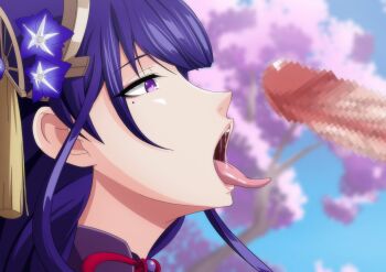 1boy 1girl blue_sky day flower from_side genshin_impact hair_flower hair_ornament hetero imminent_fellatio lips long_hair makiri_akira mole mole_under_eye open_mouth outdoors penis profile purple_eyes purple_flower purple_hair raiden_shogun saliva sky solo_focus tongue tongue_out tree upper_body