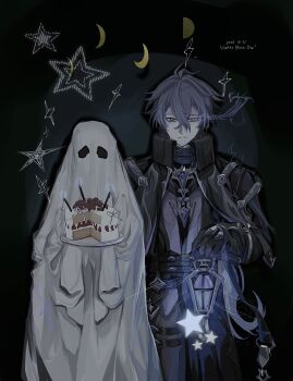 1boy 1other absurdres antenna_hair arm_up birthday_cake black_coat black_gloves blue_hair cake coat collared_coat crossed_bangs dated flins_(genshin_impact) food fruit genshin_impact ghost ghost_costume gloves highres holding holding_lantern holding_plate lantern male_focus moon_phases pants plate star_(symbol) strawberry strawberry_shortcake u2xoz