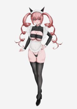 1girl absurdres akiha_rumiho animal_ears bandeau black_bandeau black_shoes black_thighhighs blush breasts commentary_request drill_hair fake_animal_ears full_body groin high_heels highres koha_2652 long_hair looking_at_viewer maid navel open_mouth pink_hair science_adventure shoes simple_background solo steins;gate thighhighs twin_drills twintails