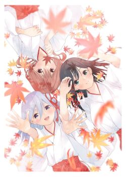 3girls amagami-san_chi_no_enmusubi amagami_asahi amagami_yae amagami_yuna black_hair blue_eyes blue_hair blurry blurry_foreground border closed_mouth commentary_request green_eyes hair_between_eyes hakama hand_on_own_chest hands_up highres japanese_clothes kosode leaf lying maple_leaf marcey medium_hair miko multiple_girls official_alternate_hair_length official_alternate_hairstyle on_back open_mouth outstretched_arms red_eyes red_hair red_hakama second-party_source siblings sisters smile white_background white_border wide_sleeves