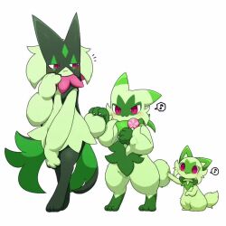 2others :3 animal_ears animal_feet animal_hands animated arm_up baby_animal blush body_fur cat cat_ears cat_tail claws closed_mouth evolutionary_line floragato full_body furry green_fur green_hair half-closed_eyes hand_to_own_mouth hand_up hands_up happy kitten light_blush looking_at_another looking_back meowscarada motion_lines multiple_others musical_note nintendo notice_lines other_focus outstretched_arm pawpads pokemon pokemon_(creature) poking red_eyes short_hair simple_background sitting smile speech_bubble spoken_musical_note sprigatito standing tail taro_(tontaro) two-tone_fur video white_background wide-eyed