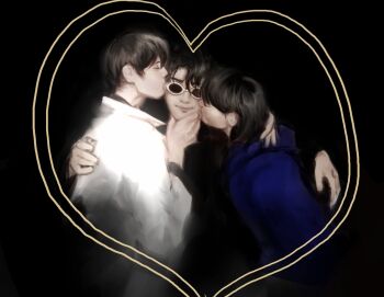 Rule 34 | 1girl, 2boys, arm around neck, bisexual male, black background, black coat, black hair, blue hoodie, border, cheek kiss, coat, double-parted bangs, double cheek kiss, drawn heart, grabbing another's chin, group hug, hair between eyes, han sooyoung, hand on another's chin, highres, hood, hood down, hoodie, hug, implied bisexual, kim dokja, kiss, kissing cheek, macaronijail, medium hair, multiple boys, omniscient reader's viewpoint, ornate border, polyamory, popped collar, short hair, smile, sunglasses, white coat, yoo joonghyuk