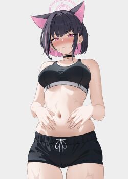 1girl absurdres alternate_costume animal_ears bare_arms bare_shoulders black_choker black_hair black_shorts black_sports_bra blue_archive blush breasts cat_ears cat_girl cawl choker closed_mouth collarbone colored_inner_hair commentary cowboy_shot drawstring earrings english_commentary extra_ears grey_background hair_behind_ear hair_ornament hairclip half-closed_eyes halo hands_on_own_stomach hands_up highres jewelry kazusa_(blue_archive) looking_at_self looking_down medium_breasts multicolored_hair navel nose_blush pendant_choker pink_eyes pink_hair pink_halo short_hair shorts simple_background solo sports_bra standing stomach stud_earrings sweat two-tone_hair v-shaped_eyebrows wavy_mouth weight_conscious
