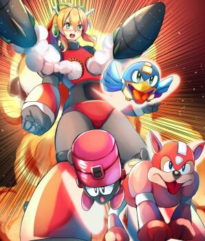 1girl :d aged_up android antennae arm_behind_back armor armored_boots arms_up beat_(mega_man) bikini bikini_armor blonde_hair blue_background blue_eyes blush bodysuit boots breasts commentary earphones eddie_(mega_man) english_commentary fighting_stance firing from_below full_body gorget green_eyes green_ribbon hair_between_eyes hair_ribbon hairband hand_on_own_hip headphones highres hyper_roll_(marvel_vs._capcom) joints knee_boots knee_pads large_breasts long_hair looking_at_viewer marvel_vs._capcom mechanical_arms mechanical_boots mechanical_legs mega_man_(classic) mega_man_(series) niwatori_(eck16614) non-humanoid_robot open_mouth ponytail radio_antenna red_armor red_bikini red_boots ribbon robot robot_animal robot_bird robot_dog robot_girl robot_joints rocket roll_(mega_man) rush_(mega_man) shoulder_armor sidelocks signature simple_background smile solo swimsuit teeth upper_teeth_only white_background