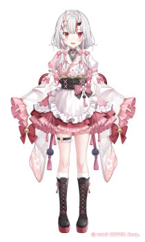 Rule 34 | 1girl, black boots, black corset, boots, center-flap bangs, commentary request, copyright name, corset, detached sleeves, frilled kimono, frilled shirt collar, frilled sleeves, frills, full body, gradient hair, grey hair, hair between horns, hair ornament, highres, hololive, horns, japanese clothes, kimono, knee boots, kneehighs, lace-up boots, long hair, long sleeves, low twintails, multicolored hair, nakiri ayame, nakiri ayame (10th costume), o-ring, o-ring thigh strap, official alternate costume, official alternate hairstyle, official art, oni, pink kimono, pom pom (clothes), pom pom hair ornament, puffy short sleeves, puffy sleeves, red eyes, red hair, sakura shiori, short sleeves, simple background, skin-covered horns, socks, solo, streaked hair, thigh strap, twintails, two-tone kimono, variations, virtual youtuber, white background, white kimono, white socks, wide sleeves, x hair ornament