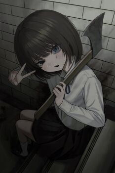1girl axe black_eyes black_skirt blood blood_on_wall blue_eyes brown_hair heterochromia highres holding holding_axe looking_at_viewer open_mouth original sakiika0513 shirt shoes short_hair sitting sitting_on_stairs skirt slit_pupils socks solo stairs teeth upper_teeth_only v white_shirt white_socks
