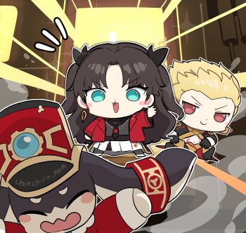 1boy 1girl absurdres artist_name black_gloves black_hair black_pants black_shirt blonde_hair blue_eyes chibi commentary fate/stay_night fate_(series) gilgamesh_(fate) gloves highres honkai:_star_rail honkai_(series) jacket jewelry light_rays notice_lines ooyun open_clothes open_jacket open_mouth pants pendant pom-pom_(honkai:_star_rail) red_eyes red_jacket shirt skirt smile tohsaka_rin untranslatable_commentary white_skirt