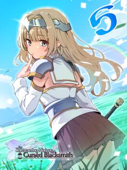 1girl armor artist_request blue_eyes blue_sky brown_hair closed_mouth cloud commentary copyright_name countdown countdown_illustration curly_hair detached_sleeves dot_nose english_commentary english_text eyebrows_hidden_by_hair feet_out_of_frame finger_to_mouth forehead_protector grass hair_intakes hand_up highres hime_cut holding holding_sword holding_weapon long_sleeves looking_at_viewer looking_back official_art pauldrons pleated_skirt promotional_art rainbow rezia_(the_shimmering_horizon_and_cursed_blacksmith) shoulder_armor skirt sky solo sword the_shimmering_horizon_and_cursed_blacksmith thighs weapon wrinkled_fabric