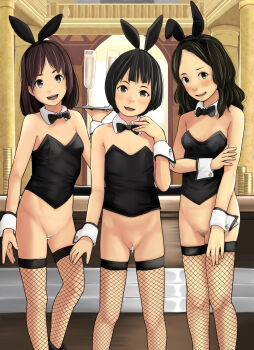 3girls animal_ears bar_censor black_eyes black_hair bottomless bow bowtie breasts brown_hair censored champagne_flute cleft_of_venus cuff_links cup detached_collar drinking_glass fake_animal_ears female_pubic_hair fishnet_legwear fishnets flat_chest has_bad_revision has_uncensored_version head_tilt highres indoors loli long_hair looking_at_viewer multiple_girls open_mouth original parted_bangs playboy_bunny pubic_hair pussy rabbit_ears rensyu short_hair small_breasts sparse_pubic_hair standing thighhighs