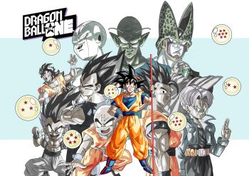 6+boys absurdres bald black_hair black_shirt blue_boots blue_eyes blue_jacket blue_sash blue_shirt boots cell_(dragon_ball) colored_skin copyright_name dougi dragon_ball dragon_ball_(classic) dragon_ball_(object) dragonball_z final_form_frieza frieza gotenks green_skin group_picture highres jacket maju_(lthe2001) medium_hair multiple_boys muscular muscular_male no_shirt orange_pants orange_shirt pants piccolo piccolo_daimaou pointy_ears potential_unleashed purple_hair ruyi_jingu_bang salute sash shirt short_hair son_gohan spiked_hair trunks_(dragon_ball) trunks_(future)_(dragon_ball) two-finger_salute vegeta white_skin yamcha