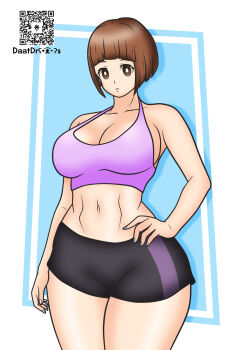 1girl breasts brown_eyes brown_hair daatdraws kill_la_kill large_breasts mankanshoku_mako short_hair shorts sports_bra