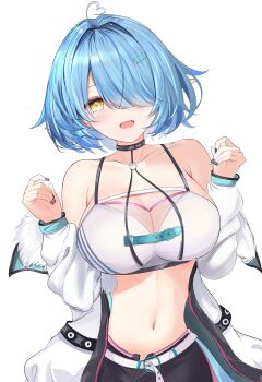 1girl absurdres ahoge bare_shoulders black_shorts blue_hair bra breasts collarbone commentary_request cowboy_shot elf hair_over_one_eye heart heart_ahoge highres hololive jacket large_breasts off_shoulder parted_lips pointy_ears short_hair shorts simple_background smile solo underwear virtual_youtuber waniwani_(wasabiwaniwani) white_background white_bra white_jacket yukihana_lamy
