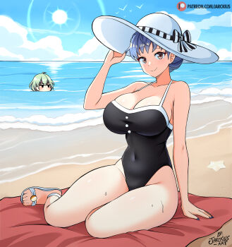 2girls beach blue_hair blush breasts male_byleth_(awakened)_(fire_emblem) male_byleth_(fire_emblem) cleavage fire_emblem fire_emblem_heroes green_hair hat highres jarckius large_breasts marianne_von_edmund marianne_von_edmund_(timeskip) multiple_girls nintendo sand sandals smile sun_hat swimsuit