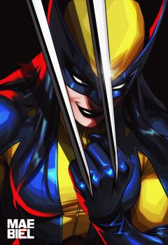 1girl animification black_hair bodysuit breasts claws cosplay gloves highres long_hair looking_at_viewer maebiel marvel smile solo weapon wolverine_(x-men) wolverine_(x-men)_(cosplay) x-23 x-men