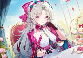 1girl absurdres ahoge black_gloves blue_sky blush bow breasts carlotta_(wuthering_waves) closed_mouth commentary_request cup day dress dutch_angle earrings gloves grey_hair hair_bow hairband hand_up highres holding holding_cup indoors jacket jewelry long_hair looking_at_viewer medium_breasts parted_bangs partial_commentary petals pink_bow pink_eyes pink_hairband pink_jacket red_petals sitting sky smile solo striped_bow teacup white_dress wuthering_waves yukinya_(yukinya777)