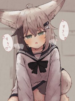 1girl animal_ears black_hair blurry bottomless clothes_lift commentary_request cowgirl_position female_pubic_hair flat_chest fox_ears fox_girl fox_tail girl_on_top green_eyes grey_hair highres implied_sex kuon_(meguru_1225) lifting_own_clothes long_sleeves looking_at_viewer meguru_1225 multicolored_hair open_mouth original out-of-frame_censoring prehensile_tail pubic_hair shirt shirt_lift speech_bubble straddling tail tearing_up tears translation_request two-tone_hair white_shirt