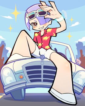 1boy blunt_bangs car city collared_shirt male_focus motor_vehicle muscle_my_baby panty_&amp;_stocking_with_garterbelt polyester_(psg) red_shirt shirt shorts sitting_on_car solo sparkle sunglasses