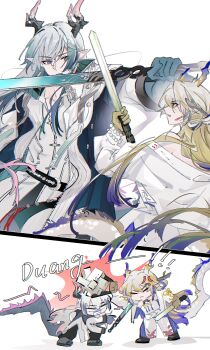 1boy anger_vein arknights bead_bracelet beads blue_hands bracelet brother_and_sister chibi chinese_commentary closed_eyes closed_mouth colored_extremities commentary_request dragon_boy dragon_girl dragon_horns dragon_tail eastern_dragon_horns eastern_dragon_tail fighting grey_hair hair_between_eyes highres holding holding_sword holding_weapon horns jewelry long_hair looking_at_another multicolored_hair multiple_views pointy_ears shirt shu_(arknights) siblings smack standing streaked_hair sword taifanrenle603 tail weapon white_background white_shirt yellow_hands yi_(arknights)