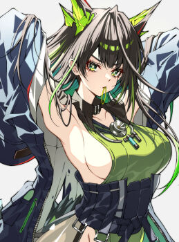 1girl absurdres arknights armpits arms_up black_hair black_jacket breasts commentary_request green_eyes green_hair hair_tie_in_mouth highres jacket large_breasts long_hair mon3tr_(arknights) mouth_hold open_clothes open_jacket shokikanes sideboob simple_background sleeves_past_fingers sleeves_past_wrists white_background