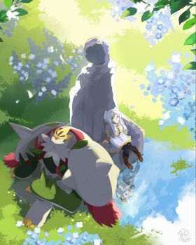 1boy 1girl 1other blue_eyes blue_hair blue_tunic boots breasts brown_boots cape capelet chesnaught chespin claws cloak closed_mouth colored_skin crossover dress elf flower forehead_protector frieren fur_cape furry gen_6_pokemon grass green_eyes green_skin grey_cloak grey_hair highres himmel_(sousou_no_frieren) long_hair long_sleeves mega_chesnaught mega_pokemon multicolored_skin nintendo open_mouth outdoors pantyhose parted_bangs pointy_ears pokemon pokemon_(creature) red_fur red_nose reflection reflective_water ripples shirt short_hair sitting smile sousou_no_frieren spikes startboii statue teeth tunic twintails two-tone_skin upper_teeth_only water white_beard white_capelet white_cloak white_fur white_hair white_skin yellow_claws