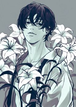 1boy chainsaw_man closed_mouth collared_shirt commentary_request ear_piercing flower greyscale highres iichinpo lily_(flower) lips male_focus monochrome multiple_piercings necktie open_clothes open_shirt piercing shirt short_hair signature solo twitter_username undone_necktie upper_body yoshida_hirofumi