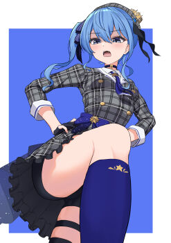 1girl absurdres asymmetrical_legwear beret bike_shorts blue_eyes blue_hair crown from_below hat highres hololive hoshimachi_suisei kneehighs left_(left_sio) mini_crown open_mouth plaid side_ponytail single_thighhigh socks solo star_(symbol) star_in_eye symbol_in_eye thigh_strap thighhighs thighs virtual_youtuber