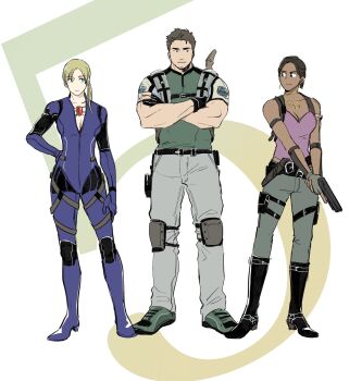 Rule 34 | 1boy, 2girls, beard stubble, black hair, blonde hair, bodysuit, chris redfield, commentary request, crossed arms, facial hair, gloves, green shirt, hand on own hip, highres, jill valentine, knee pads, multiple girls, pants, purple bodysuit, resident evil, resident evil 5, sheva alomar, shirt, smile, stubble, t (t345678912)