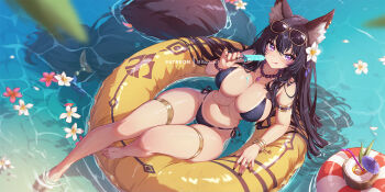 1girl animal_ear_fluff animal_ears armlet bead_bracelet bead_necklace beads bikini black_bikini black_hair black_nails bracelet breasts cleavage cocktail_umbrella delta_(kage_no_jitsuryokusha_ni_naritakute!) drinking_straw eyewear_on_head flower flower_on_liquid food gold_armlet gold_bracelet gold_thighlet holding holding_food holding_popsicle jewelry kage_no_jitsuryokusha_ni_naritakute! large_breasts licking_lips long_hair mitsu_(mitsu_art) navel necklace one_eye_closed patreon_username pink_flower popsicle purple_eyes solo sunglasses swim_ring swimsuit tail tan tanline thighlet tongue tongue_out water white_flower wolf_ears wolf_girl wolf_tail