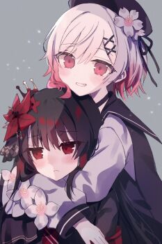 2girls beret black_hair black_hat cherry_blossoms chin_rest commentary_request crown fang flower frown gradient_hair grin hair_flower hair_ornament hat head_on_head head_rest highres hug hug_from_behind ichigoprin15 long_hair long_sleeves looking_at_viewer looking_to_the_side mahou_shoujo_no_majo_saiban multicolored_hair multiple_girls nikaido_hiro pink_eyes pink_hair red_background red_eyes red_flower sakuraba_ema short_hair smile white_flower white_hair x_hair_ornament