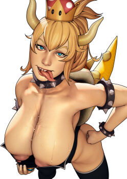 1girl armlet bare_shoulders black_collar black_leotard black_thighhighs blonde_hair blue_eyes bowsette bracelet breasts cleavage collar collarbone covered_erect_nipples crown drooling fangs female_focus hand_on_own_hip head_tilt headwear_request high_ponytail highres horns huge_breasts huge_nipples jewelry john_doe_(jdart) leaning_forward leotard long_tongue looking_at_viewer mario_(series) naughty_face new_super_mario_bros._u_deluxe nintendo nipples open_mouth paizuri_invitation ponytail presenting puffy_nipples sagging_breasts saliva sharp_teeth shell simple_background solo spiked_armlet spiked_bracelet spiked_collar spiked_tail spikes standing strapless super_crown super_mario_bros._1 tail teeth thighhighs tongue tongue_out wet white_background