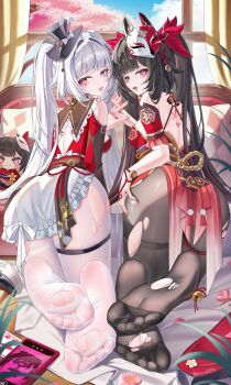 2girls absurdres ass bare_shoulders black_hat black_pantyhose brown_hair commentary_request cosplay dress from_behind full_body grey_hair hat highres holding_hands honkai:_star_rail honkai_(series) interlocked_fingers jndfh kneeling long_hair looking_at_viewer multiple_girls pantyhose red_dress soles sparkle_(honkai:_star_rail) sparkle_(honkai:_star_rail)_(cosplay) sparxie_(honkai:_star_rail) torn_clothes torn_pantyhose twintails white_pantyhose