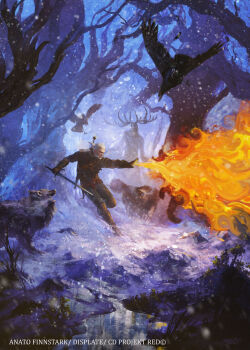 Rule 34 | 1boy, anato finnstark, armor, artist name, battle, bird, commentary, company name, copyright notice, crow, english commentary, fire, forest, geralt of rivia, highres, holding, holding sword, holding weapon, leather armor, male focus, nature, official art, outdoors, pants, pyrokinesis, snow, snowing, solo, sword, the witcher (series), weapon, white hair, wolf