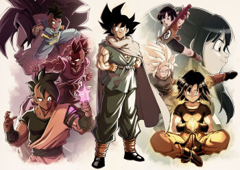 1girl 2boys after_training age_progression black_eyes black_hair dragon_ball dragon_ball_multiverse evolution grandfather_and_granddaughter green_eyes happy highres kaioken kicking master_and_pupil multiple_boys muscular muscular_male pan_(dragon_ball) punching red_eyes ruyi_jingu_bang smile son_goku super_saiyan sweat tagme training uub
