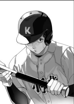 1boy 999993nine baseball baseball_bat baseball_helmet baseball_uniform boukyaku_battery character_request gloves greyscale helmet holding holding_baseball_bat male_focus metal_baseball_bat monochrome simple_background solo sportswear sweat upper_body white_background white_gloves
