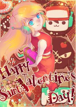 1girl absurdres android artist_request blonde_hair blue_eyes box breasts chocolate closed_mouth colored_skin crop_top curly_brace doukutsu_monogatari full_body happy_valentine heart-shaped_box highres joints long_hair looking_at_viewer midriff official_art pants quote_(cave_story) red_tank_top robot_ears robot_joints small_breasts smile solo tank_top valentine white_skin