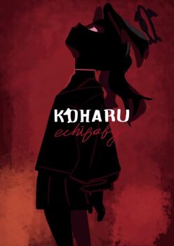 Rule 34 | 1girl, blue archive, character name, chi-iz, devilman, devilman crybaby, halo, head wings, koharu (blue archive), long hair, long sleeves, looking up, medium hair, red background, school uniform, skirt, solo, standing, thighhighs, twintails, wings