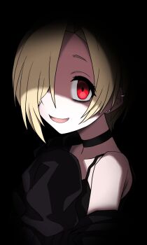 1girl bare_shoulders black_background black_camisole black_choker blonde_hair camisole child choker commentary dim_lighting earrings empty_eyes hair_over_one_eye halulu highres idolmaster idolmaster_cinderella_girls jewelry looking_at_viewer looking_to_the_side one_eye_covered open_mouth portrait red_eyes shaded_face shirasaka_koume short_hair smile solo symbol-only_commentary tareme turning_head