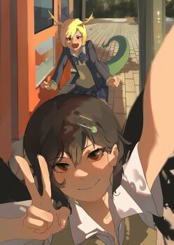 2girls absurdres antlers blonde_hair brown_hair commentary_request highres horns kicchou_yachie kinoko_(kino2435006) kurokoma_saki looking_at_viewer medium_hair multiple_girls salute school_uniform selfie touhou two-finger_salute